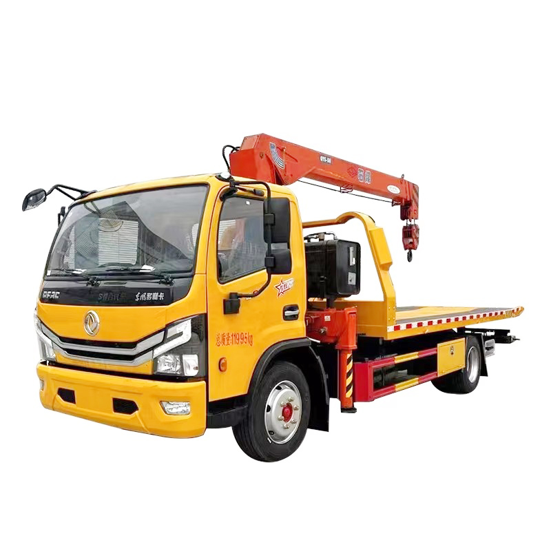Dongfeng Rollback Tow Truck Montado Com 5 Ton Boom Crane Flatbed Wrecker Truck Para Resgate De Emerg